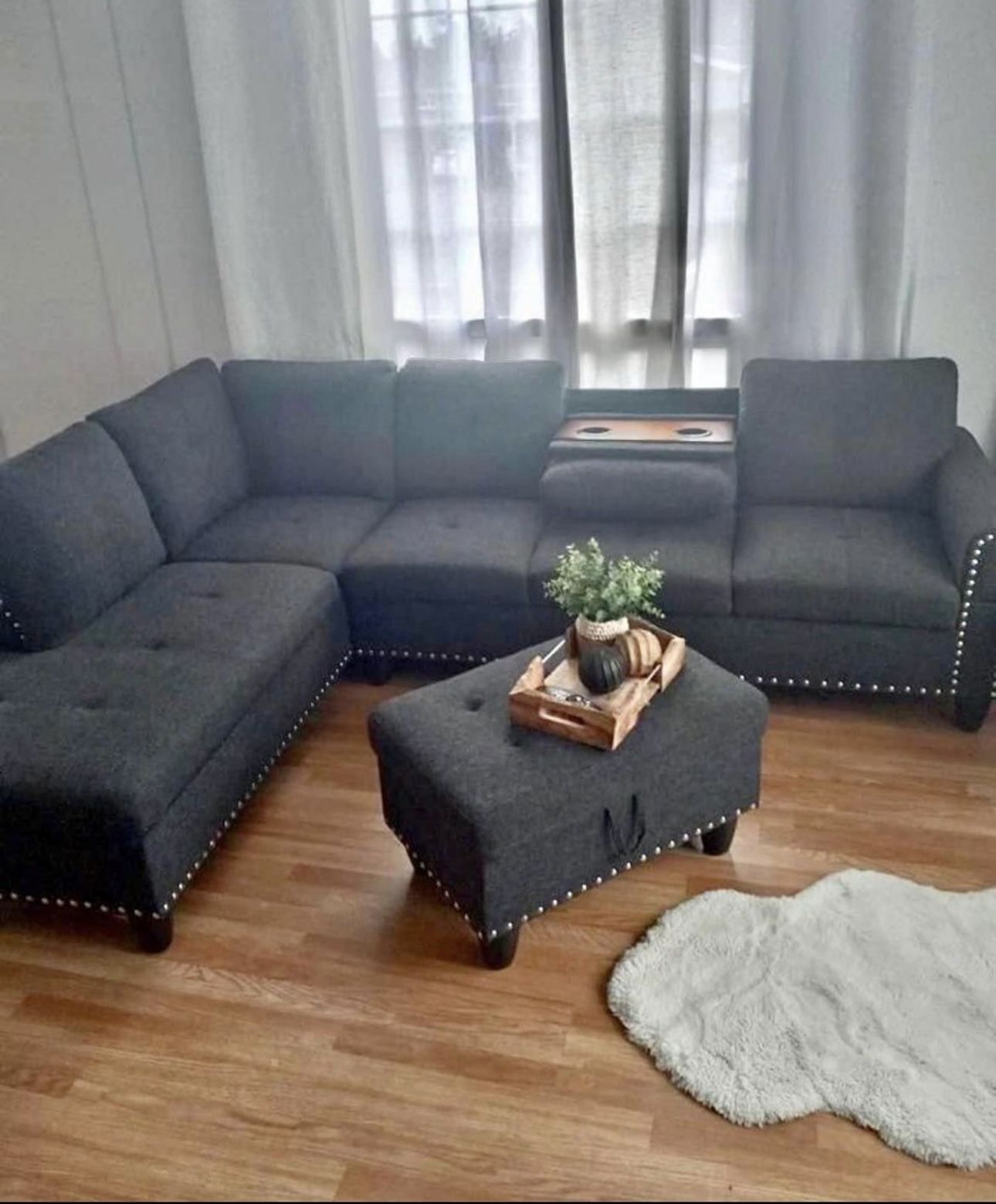 Charcoal Linen Sectional Couch With Drop Down Table
