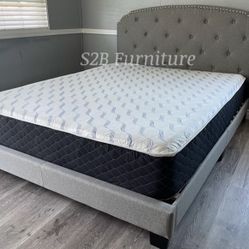 Queen Grey Burlap Tufted Bed With Ortho Mattress Included 