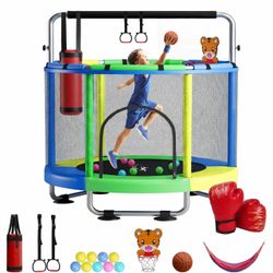 Brand NEW 55" Toddler Trampoline for Kids Ages 3-8 - Indoor & Outdoor Kids Trampoline Anti-Tilt Frame, Adjustable Gym Bar, Basketball Hoop, Ocean Ball
