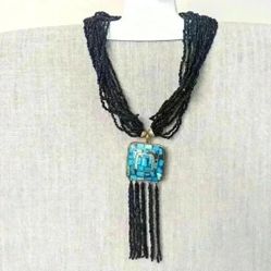 Tibetan Ethnic Black Glass Beads Necklace with Aqua Pendant &amp; Bracelet  Set- New 