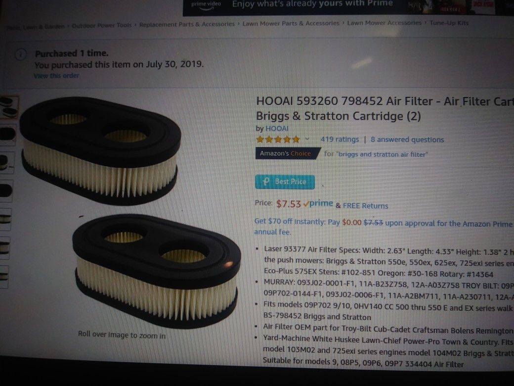 Air filter cartridge for toro lawn mower/briggs. & stratton/ craftsman