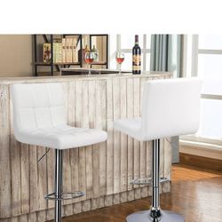X-Large Bar Stools - Square PU Leather Adjustable Counter Height Swivel Stool Armless Chairs Set of 2 with Bigger Base, White