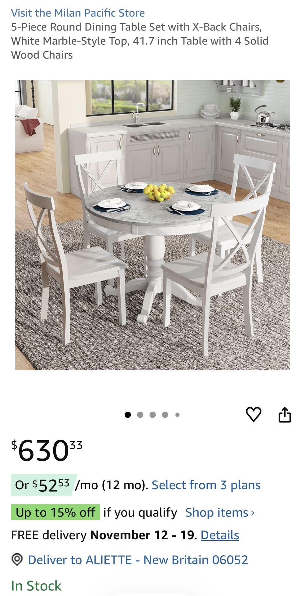 NEW! 5-Piece White  Round Dining Table Set