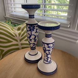 Ralph Lauren Blue & White Candlesticks