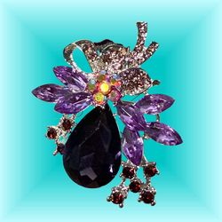 JJ Fantasia 2000s Purple Rhinestone Teardrop Floral Brooch, NWT, 2x2.5”