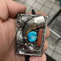 Sterling Silver Navajo Bolo Turquoise Coral Bear Claw Singed Spencer