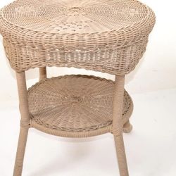 1980s Vintage Mid-Century Modern Round 2-Tier Hand Woven Resin Wicker Metal Drum Side Table