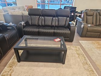 BLACK GENUINE LEATHER POWER RECLINING POWER HEADREST  W/HEAT AND MASSAGE