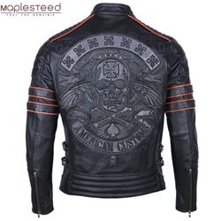 Black Embroidery Skull Motorcycle Leather Jackets 100％ Natural Cowhide Moto Jacket Biker Leather 