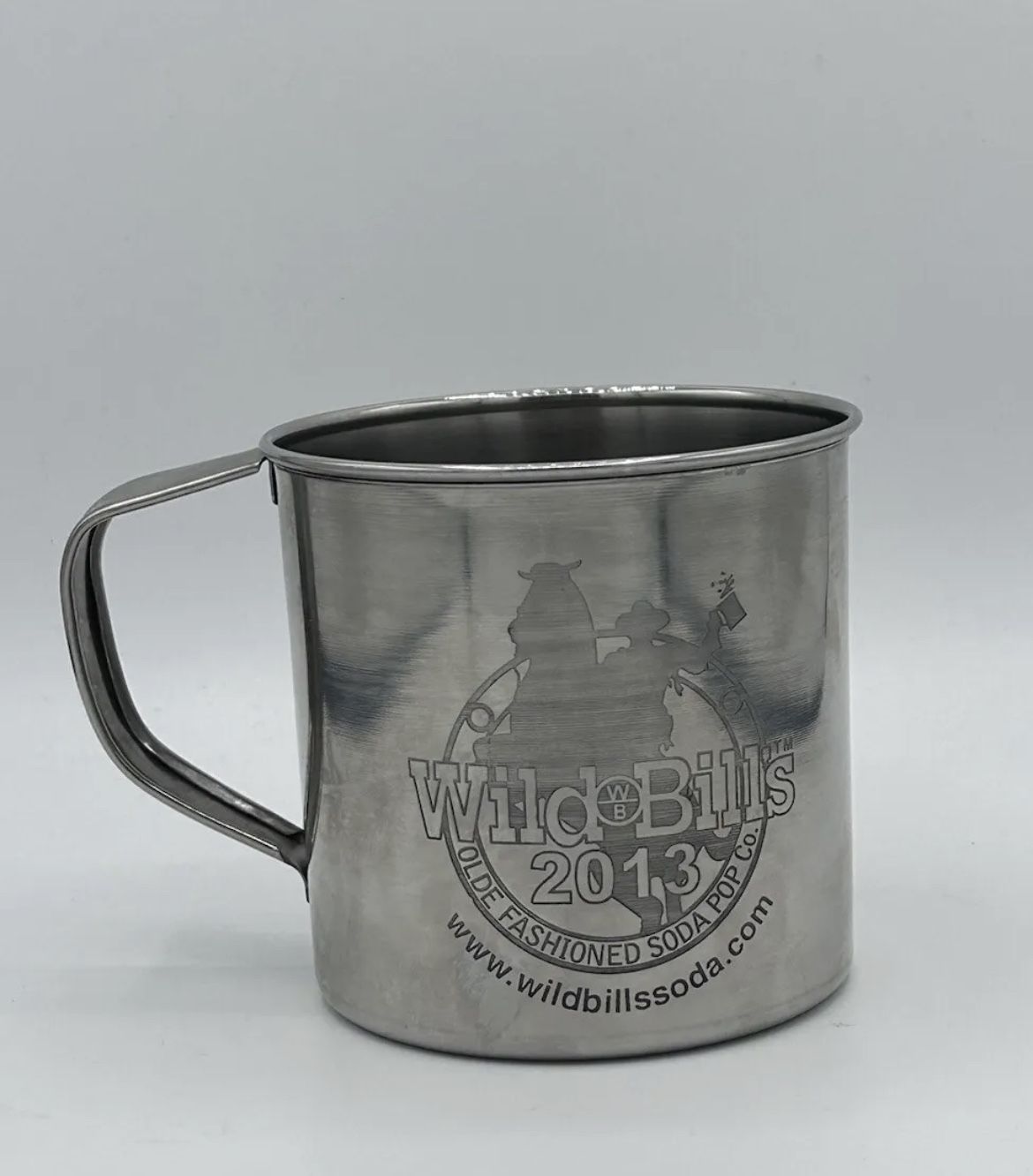 WILD BILL'S Olde Fashioned Soda Pop Co. Stainless Campfire Advertising Mug Cup