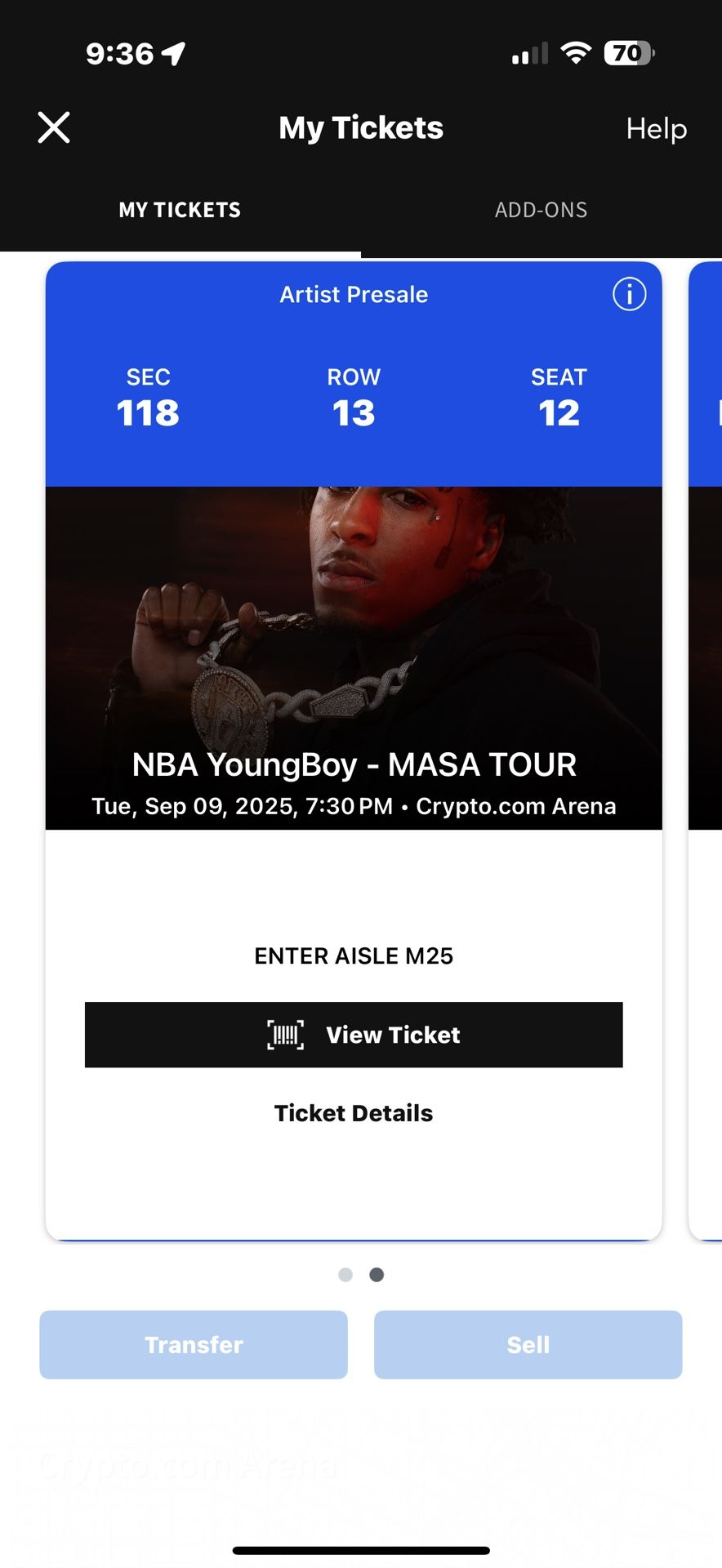 MASA YB TICKETS SECTION 118