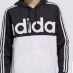 ADIDAS PRO ESSENTIALS COLORBLOCK FLEECE PULLOVER MENS THICK HOODIE SWEATER SIZE LARGE TALL BLACK/WHITE ADIDAS BIG FRONT LOGO 