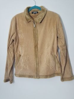 Women's Effeci Fleece coat Large jacket pockets zipper Beige Embroidered