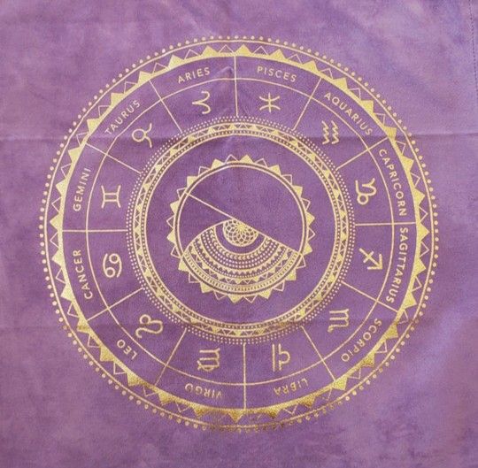 New Sealed Zodiac Wheel Altar Cloth (Lavender) W/Gold Guilded Writing 16" X 16". Zodiac altar cloths depict the traditional zodiac signs, also known a