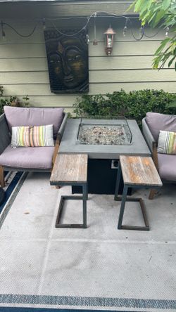 Fire pit, two chairs, two end tables