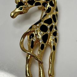 Vintage Giraffe Neck Turned Safari Zoo Gold Tone Rhinestone Enamel Large Brooch