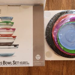 10 Piece Glass Storage Bowl Set - New In Box - 5 Bowls, 5 Colored Lids, Stackable, Still Sealed