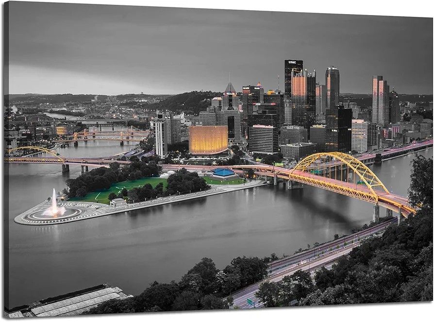 New Pittsburgh Pennsylvania Painting Wall Art Black & White Wall Decor 36"Wx24"H