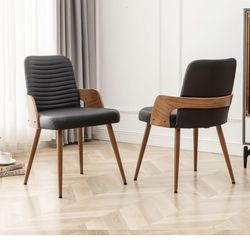 Set of 2 dining chairs, mid-century modern kitchen chairs, decorative faux leather upholstered chairs, metal legs, wooden desk chairs, armless and wit