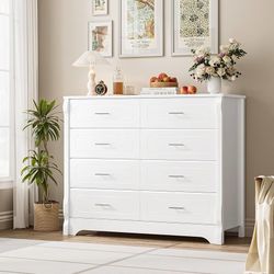 White 8 Drawer Dresser for Bedroom, 47" Wood Dresser & Chest of Drawers, Modern Double Storage Cabinet with Deep Drawers | Metal Handles fo
