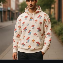 Mens XL “The Smurfs” Overall Print Hooded Swearshirt  Good pre-owned condition. Some signs of use but overall a great sweatshirt.  Pick up available i