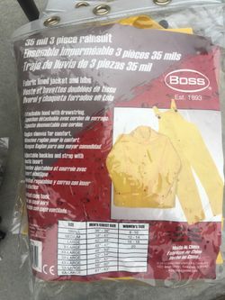 3 Piece Rain Gear Size Large 44” Hood, Overalls and Jacket
