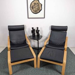 Pair of Black Leather & Birch IKEA Poang Lounge Chairs & Ottomans