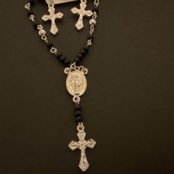6.5” SilverTone & Black Rosary Beaded Bracelet Set With Matching Earrings,By Sophia 