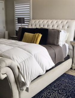 Living Spaces Queen Upholstered Sleigh Bed Frame – Elegant & Sturdy, No Mattress Included