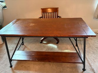 Industrial Wood & Metal Desk + Wooden Banker Chair Set
