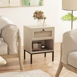Giantex Rattan Nightstand with Drawer, Boho Side Table with 4 Metal Legs and Open Storage Shelf, Farmhouse Wood Night Stand for Small Spaces, 2 Tier B
