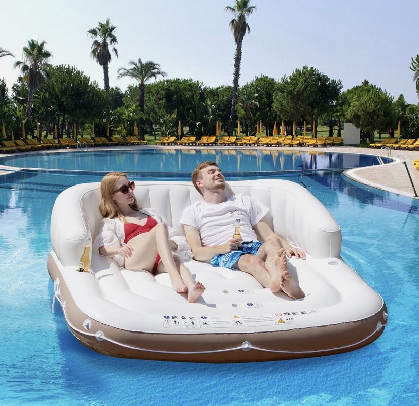 Giant Inflatable Pool Float Lounge Swimming Floating Island Raft with Retractable Canopy and 2 Cup Holders