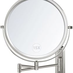 Wall Mounted Makeup Mirror - 8.5in Double Sided Makeup Mirror with Extended Arm,1X/15X Magnifying Mirror for Makeup or Shaving - Chrome, No Lights