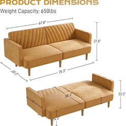 Futon Sofa Bed, Convertible Sleeper Sofa with Wood Legs, 75.3" Splitback Sofa with 2 Pillows, Velvet Futon Couch for Living Room (Ginger)