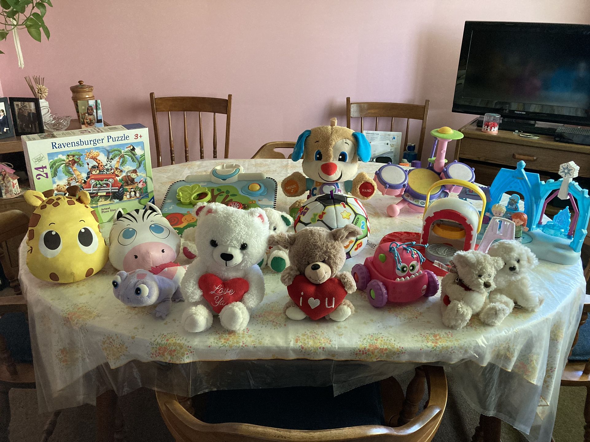 Toys: Stuffed Animals, Puzzles, Musical Drum Set, Little People Swing Set, Etc $1-$3
