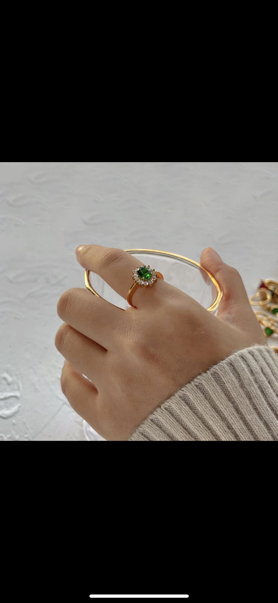 Green Flower Ring, Emerald Green Flower Ring Gold Ring 