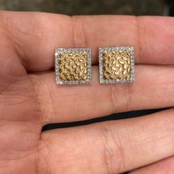 10k Diamond Gold Nugget Square Earrings