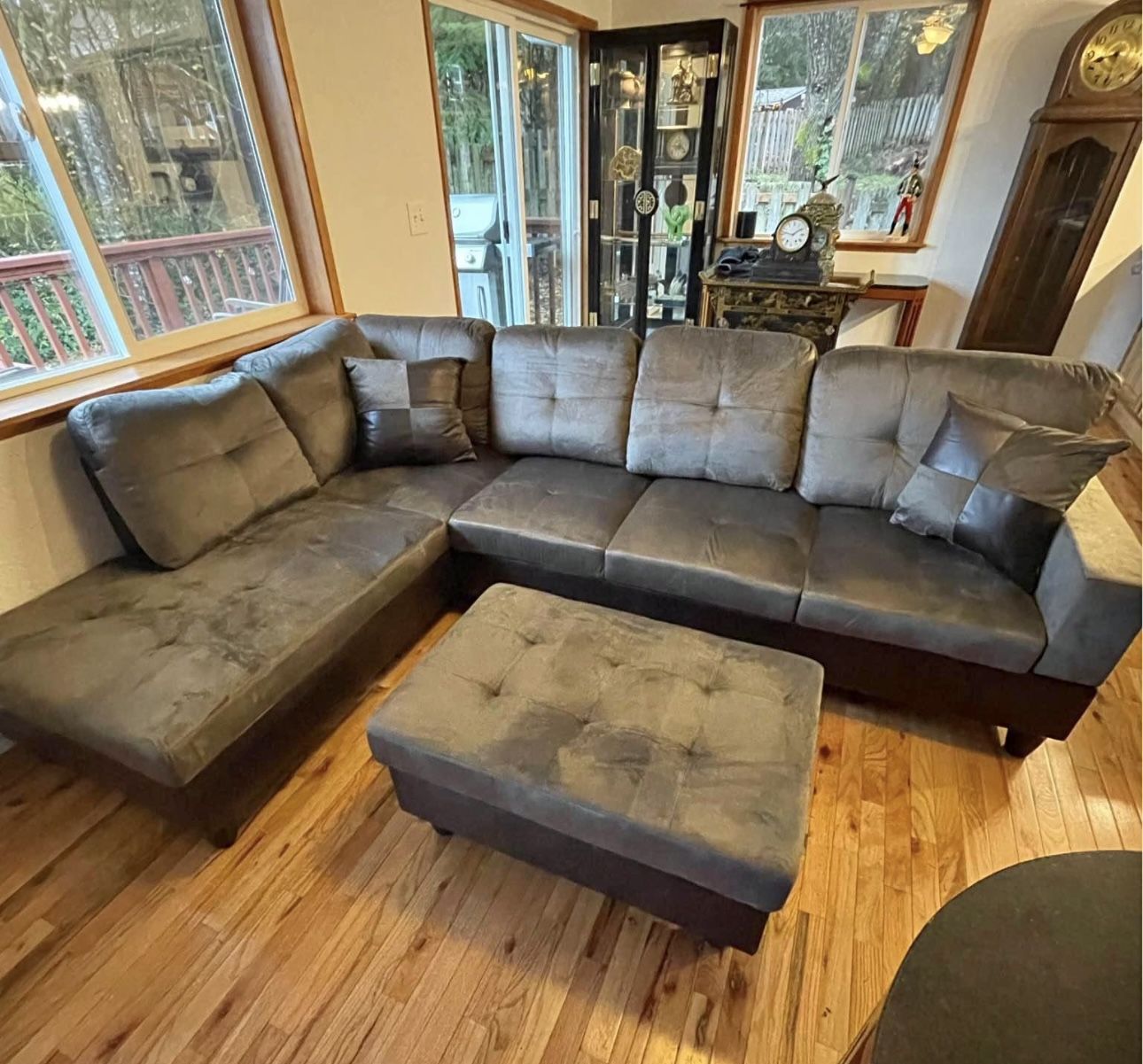 Gray Microfiber Sectional Couch And Ottoman