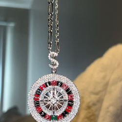 Diamond Roulette Pendant W/ 26” Silver Figaro Chain