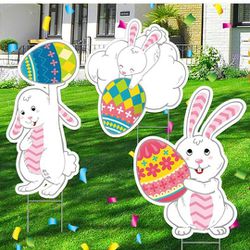 3 Pcs Easter Laser Bunnies with Eggs Yard Decorations,Outdoor Funny Bunnies with Eggs Corrugated Yard Signs Decor - 22”x 16” Happy Easter Yard Signs w