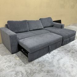 Sofa Bed Couch Sebastian Slate Grey Fabric 111" 2 Piece Convertible Futon Sleeper Sectional with Right Arm Facing Storage Chaise | Track Arms