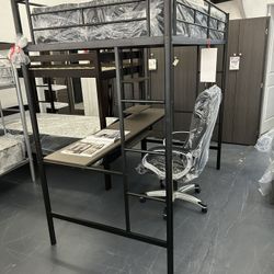 Twin Black Metal Loft Bed With Desk 