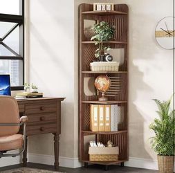 New assembled 6-Tier Tall Corner Shelf, 71-Inch Rustic Narrow Corner Bookshelf Bookcase with Square Rack, Freestanding Corner Display Storage Shelf Or