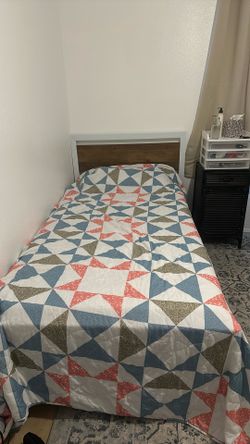Twin Bed (white Metallic Outer Shell With A Light Wood Headboard)