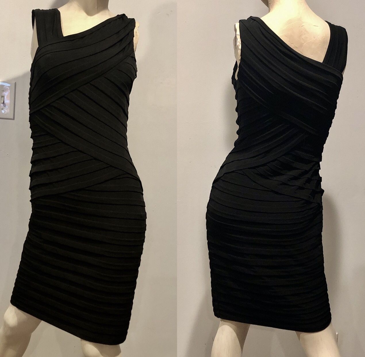 Y2K Black Asymmetric, Minimalist Tank, Sexy Stretch, Body Con Bandage Dress, Sz 4