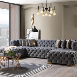 Gray Velvet Double Chaise Sectional