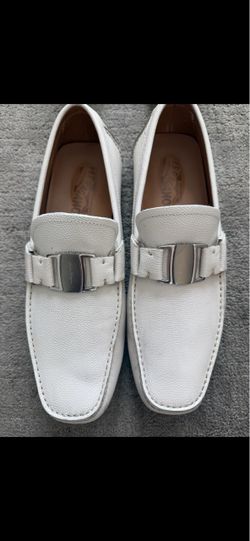 Salvatore Ferragamo Gancini White Leather Driving Loafers Men’s Size 9.5 Authentic