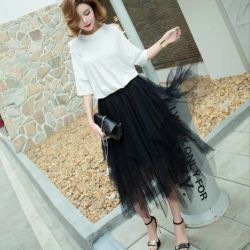 Black tutu lace layered fluffy women's midi skirt new gift 