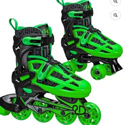 Roller Derby Boys 2-in-1 Roller/Inline Skates Black/Green, Size 12-2 Brand New 