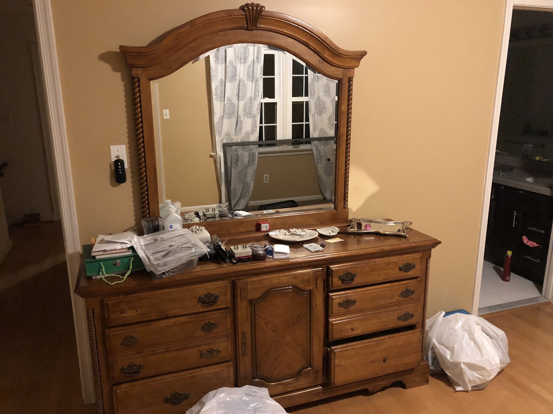 Ware-drop with mirror plus queen bed wooden frame